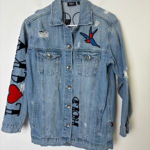Only Jeans Distressed Patched Light Blue Denim Jacket